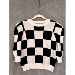 &Merci Black White Checkerboard Puff‎ Shoulder Knit Sweater Womens Medium